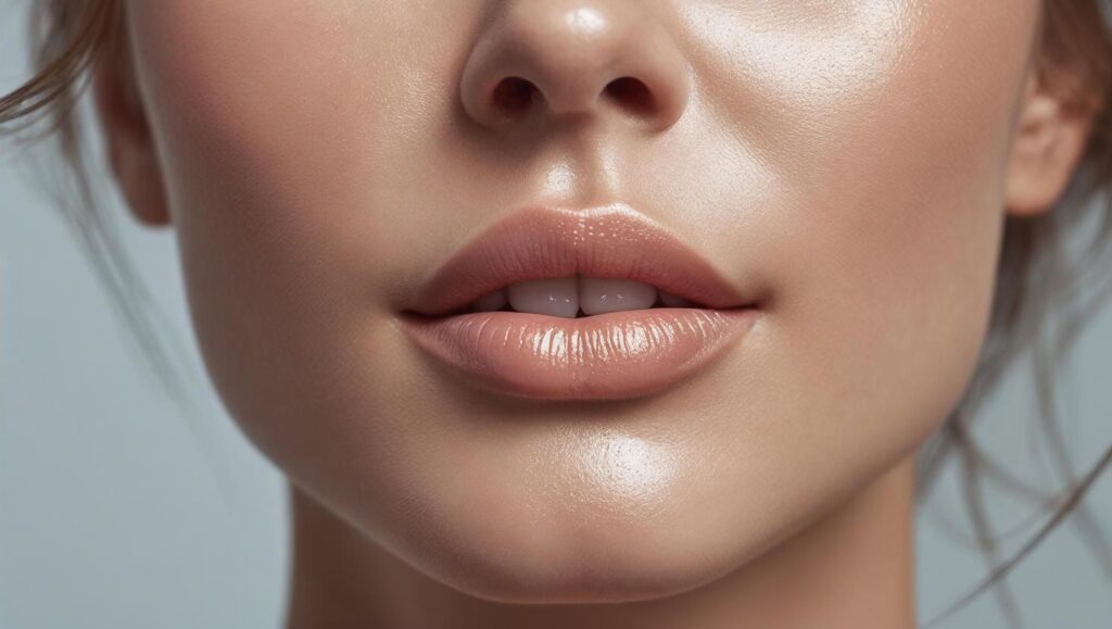 una mujer con acido hialuronico para modelar su mentón, se ve feliz y con un mentón marcado