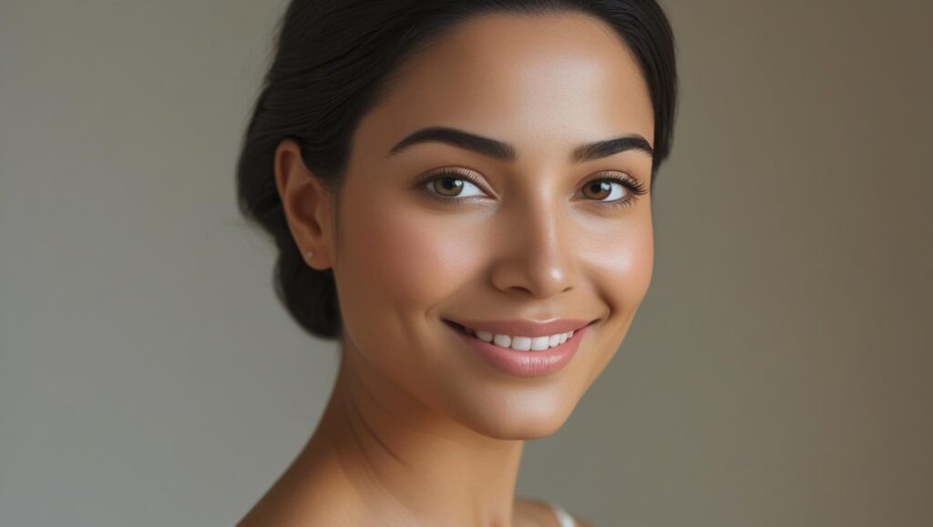 una mujer con una cara muy bella que no tiene ojeras ni bolsas en los ojos por aplicarse acido hialuronico con monreal aesthetics