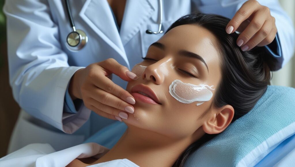 una mujer en medio del tratamiento de limpieza facial profunda con la tecnología de aquapure