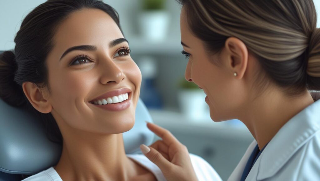 la mujer sonriendo está feliz por haberse hecho su tratamiento de botox facial