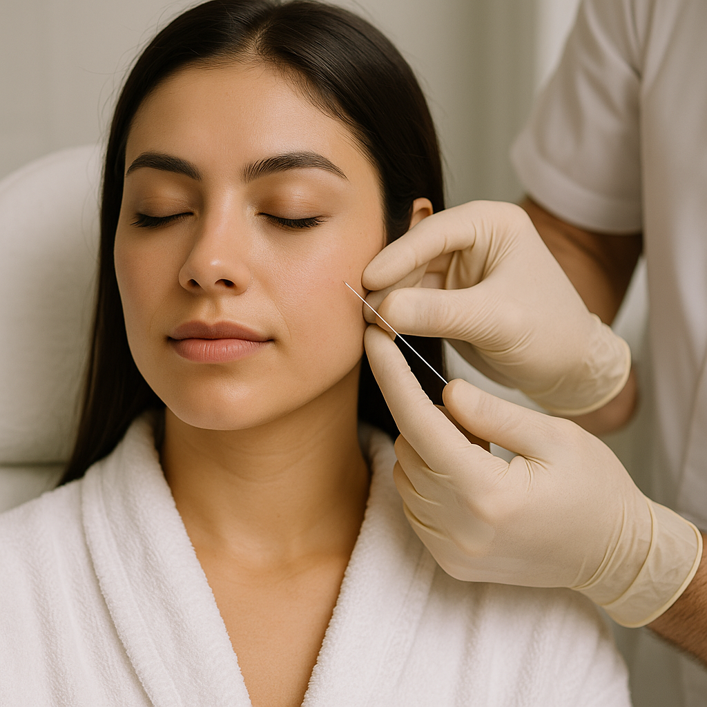 una mujer aplicandose hilos tensores para el rejuvenecimiento facial en la zona de los ojos y los pomulos en bogotá