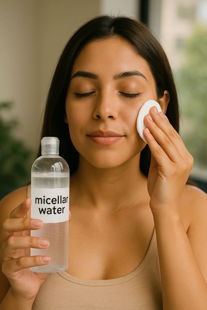 una bella mujer en bogotá, aplicandose el paso uno de su limpieza facial con agua micelar