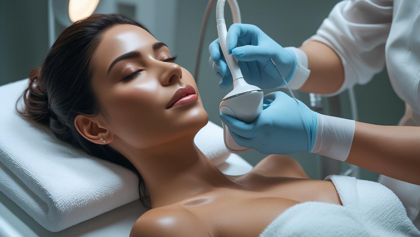 una mujer haciendo el tratamiento de sculptra inyectable que utiliza ácido poli-L-láctico (PLLA) para restaurar el volumen facial y mejorar la textura de la piel
